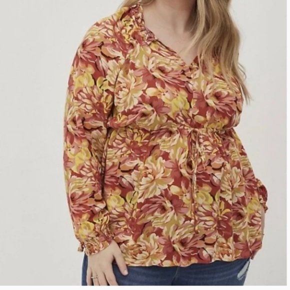 Torrid 1X Rust Floral Long Sleeve Peasant Top Blouse - Picture 5 of 6